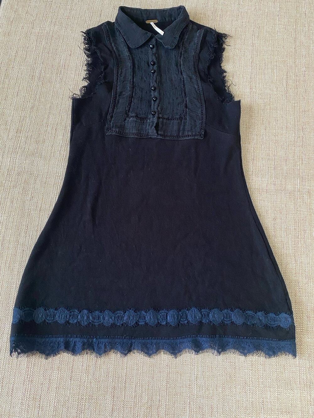 Free People Black Button Front Dress XS TP Blue Lace Trim